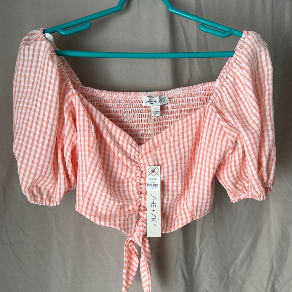 She + Sky Coral Gingham Off-Shoulder Blouse & Matching skirt. Size:Large NEW